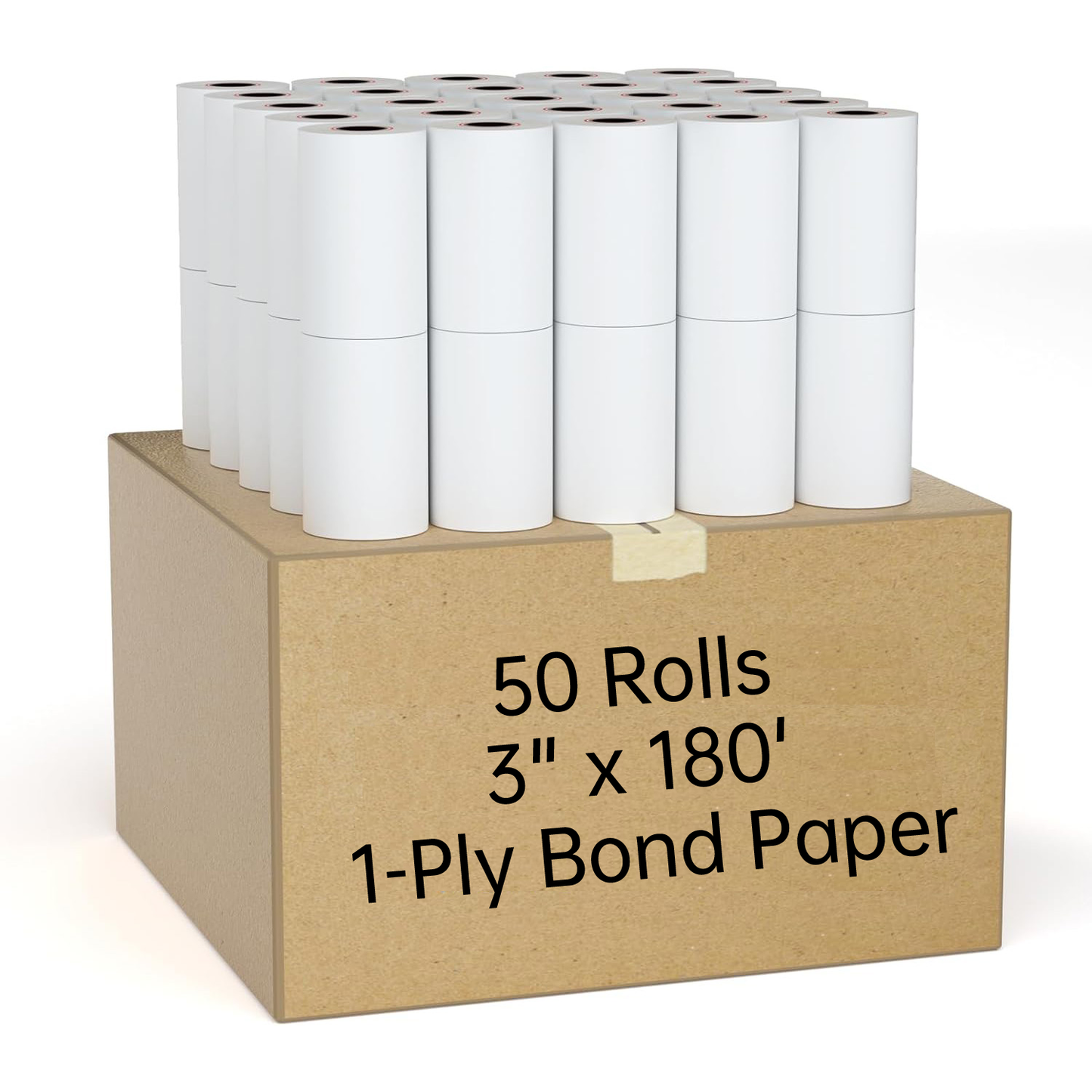 50 Rolls 3” x 180’ 1-Ply Bond Paper Rolls for Adding Machines, Kitchen Printers and Calculators