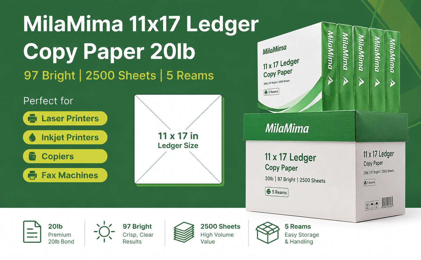 MilaMima 11x17 Ledger Tabloid Copy Paper 20lb 97 Bright 2500 Sheets 5 Reams