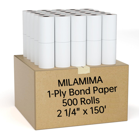 Bulk Order - 500 Rolls 2 1/4" x 150' 1-Ply Bond Paper Rolls for Kitchen Printers & Calculators