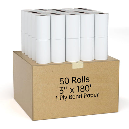 50 Rolls 3” x 180’ 1-Ply Bond Paper – BPA-Free, Receipt Paper for Kitchen Printers, Cash Registers, POS Systems