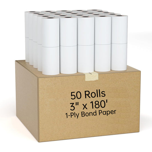 50 Rolls 3” x 180’ 1-Ply Bond Paper Rolls for Adding Machines, Kitchen Printers and Calculators