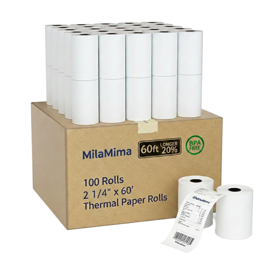 MilaMima 100 Rolls 2-1/4" x 60' Thermal Paper | BPA-Free for Verifone, Ingenico, Square & Clover POS