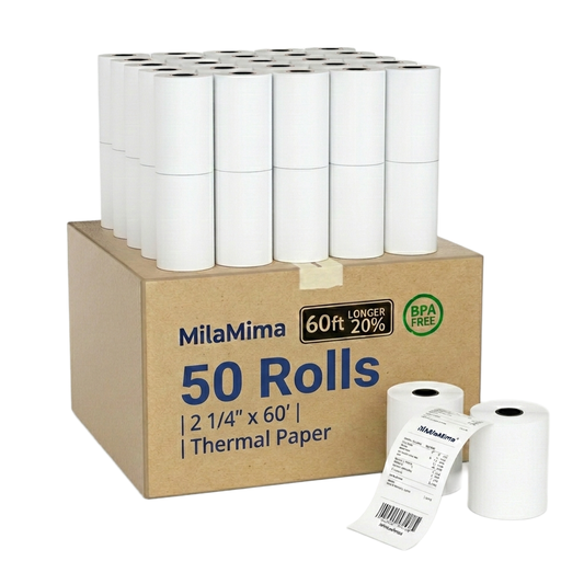 MilaMima 50 Rolls 2 1/4" x 60' Thermal Paper | Universal POS & Credit Machines