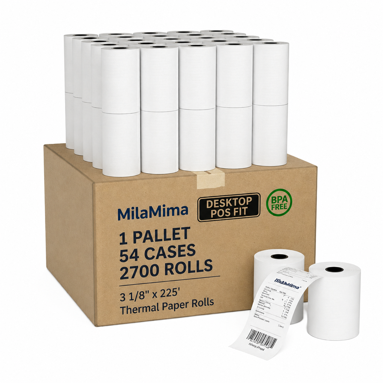 MilaMima 1 Pallet 3-1/8" x 225' Thermal Receipt Paper 54 Cases 2700 Rolls