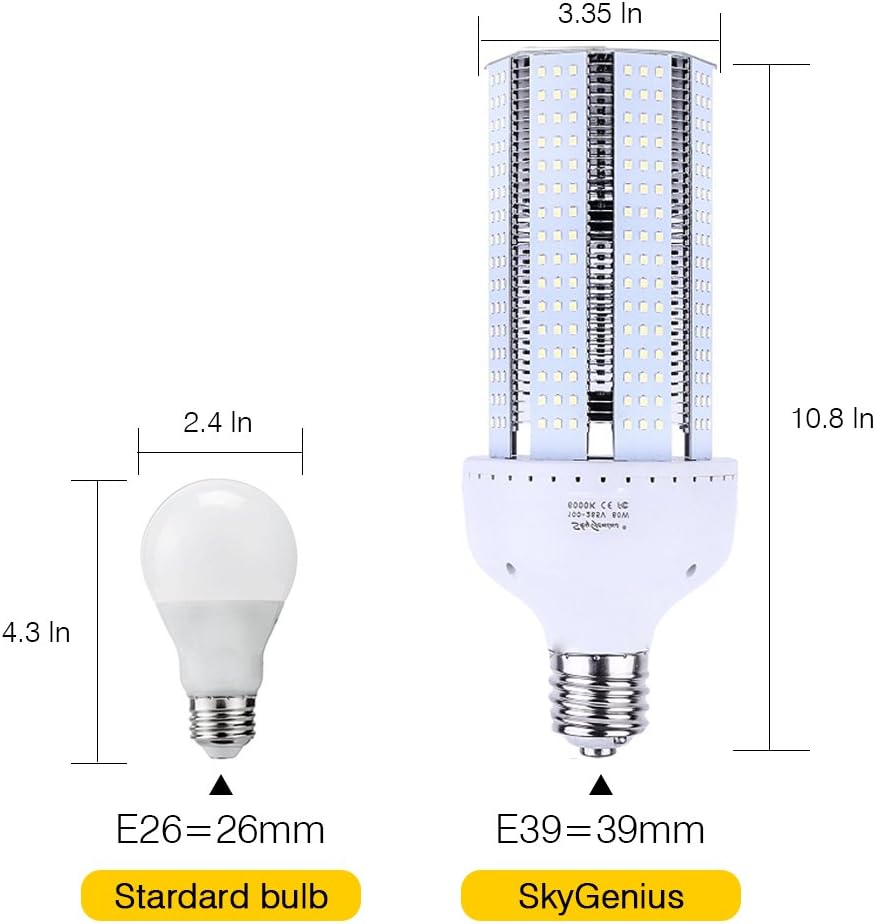 SkyGenius LED Corn Bulb 80W  8000 Lumens E39 6500K Cool White, High Power LED Light Bulb for Garage and Warehouse Lighting