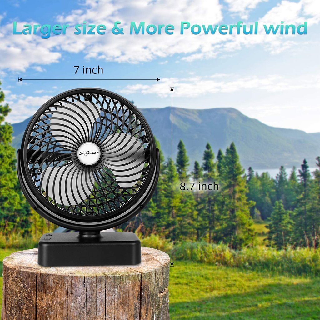 F220 7-inch camping fan with LED light, 5000mAh rechargeable battery usb operated fan with hanging hook for tent car RV - SkyGenius Online