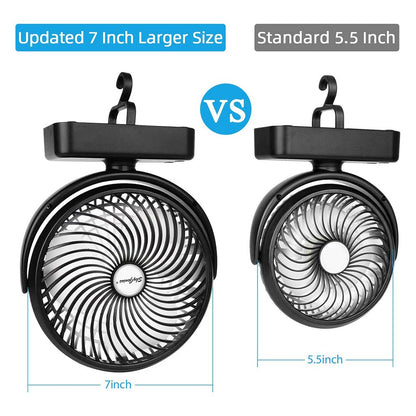 F220 7-inch camping fan with LED light, 5000mAh rechargeable battery usb operated fan with hanging hook for tent car RV - SkyGenius Online