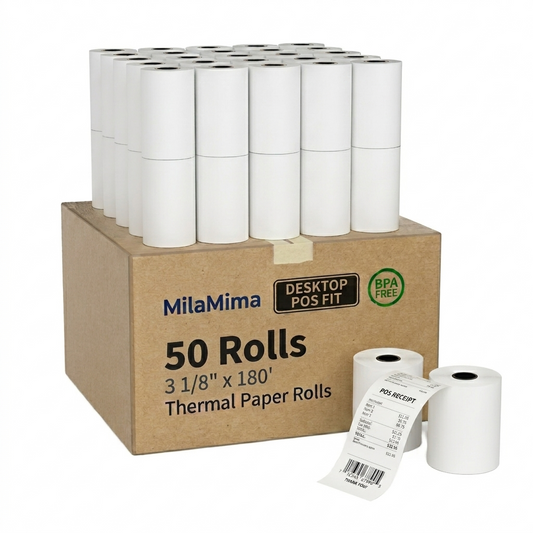 MilaMima 50 Rolls 3 1/8" x 180' Thermal Paper | POS Cash Registers