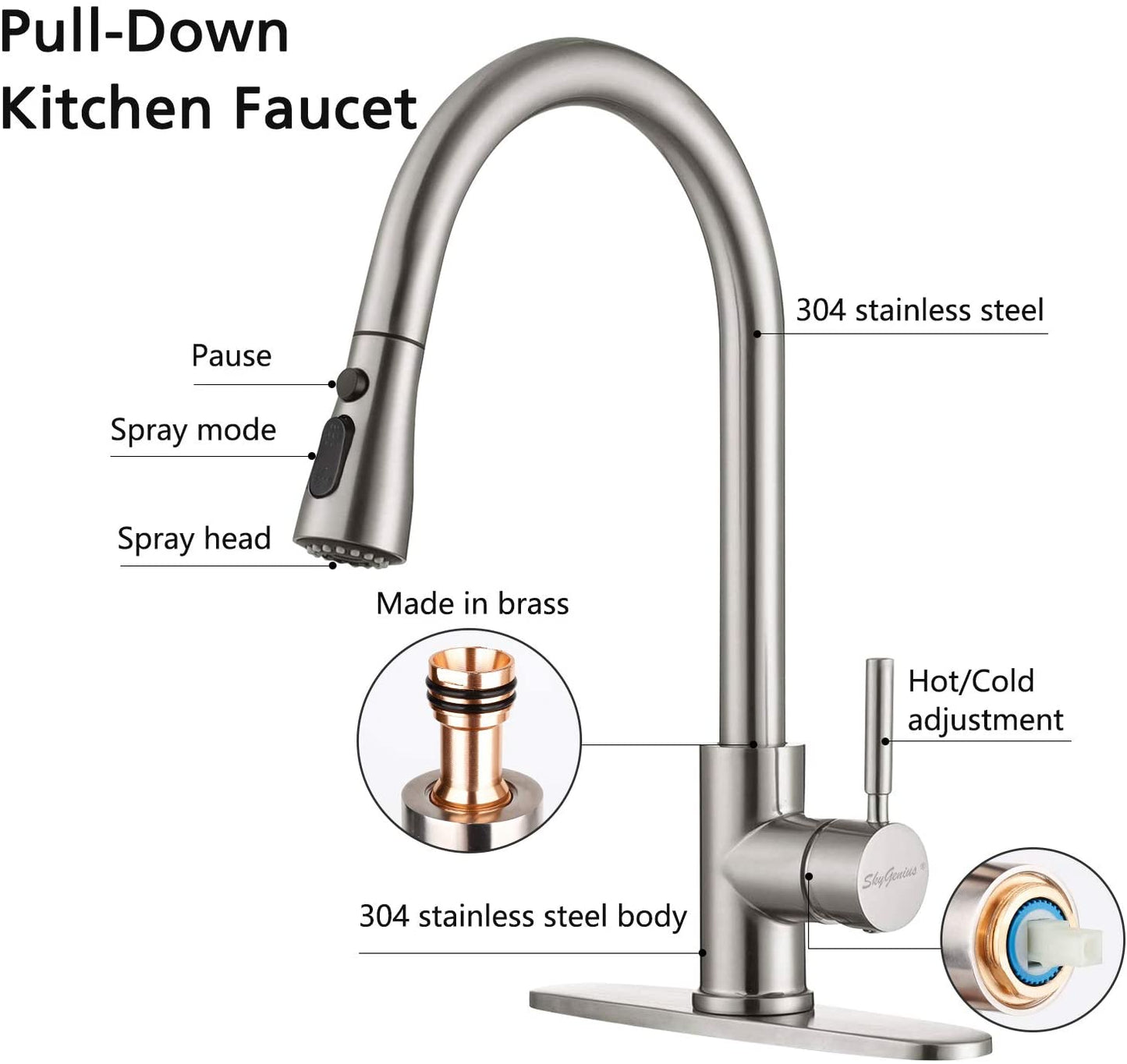 SkyGenius single handle stainless steel pull down kitchen faucet (brushed nickel) - SkyGenius Online