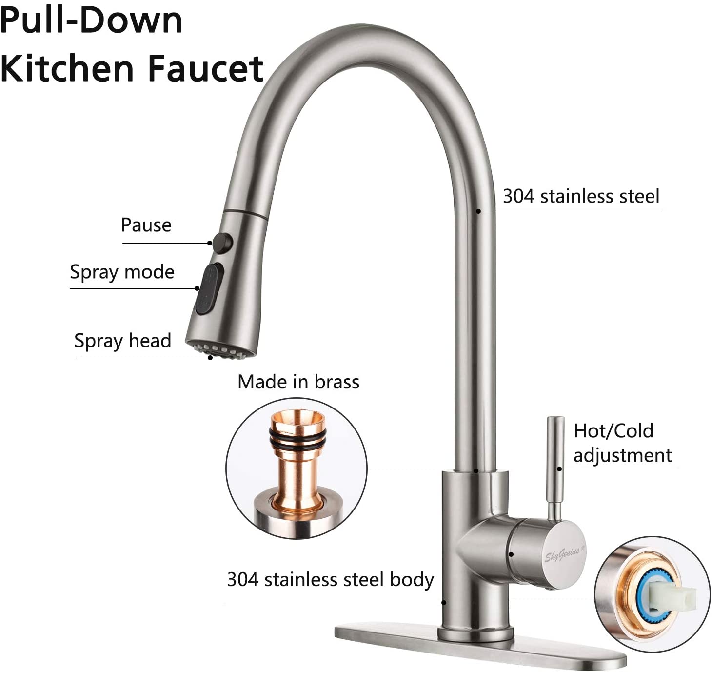 SkyGenius single handle stainless steel pull down kitchen faucet (brushed nickel) - SkyGenius Online