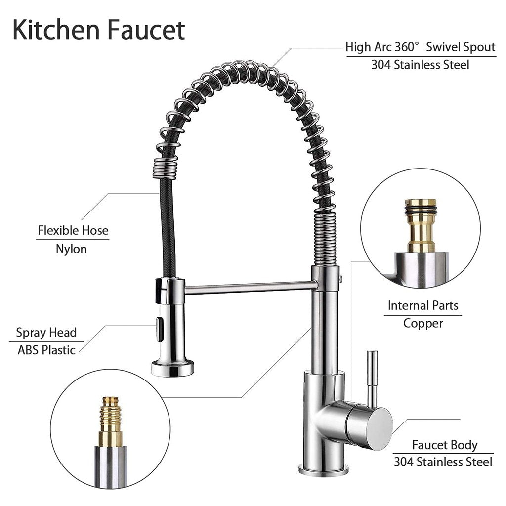 SkyGenius single handle stainless steel pull down spring kitchen faucet 360 degree rotation with sprayer (brushed nickel) - SkyGenius Online